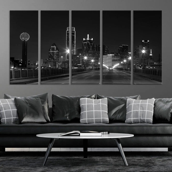 On the wall are three panels of the Dallas City Lights Skyline Black and White Wall Art Cityscape Canvas Print. These museum-quality, ready-to-hang pieces promise lasting vibrancy with their UV-protective coating.