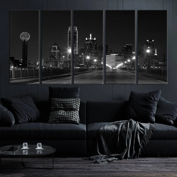 On the wall are three panels of the Dallas City Lights Skyline Black and White Wall Art Cityscape Canvas Print. These museum-quality, ready-to-hang pieces promise lasting vibrancy with their UV-protective coating.