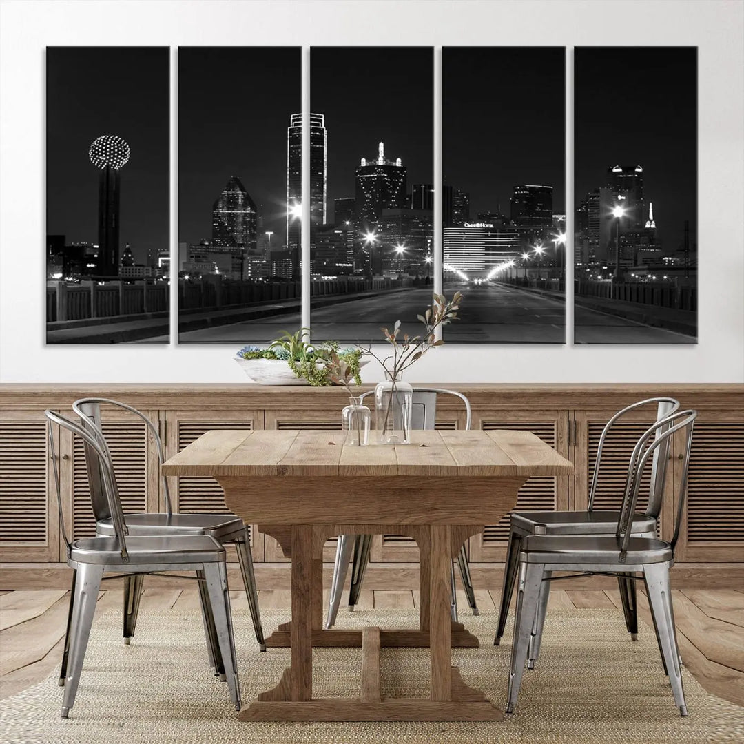 On the wall are three panels of the Dallas City Lights Skyline Black and White Wall Art Cityscape Canvas Print. These museum-quality, ready-to-hang pieces promise lasting vibrancy with their UV-protective coating.