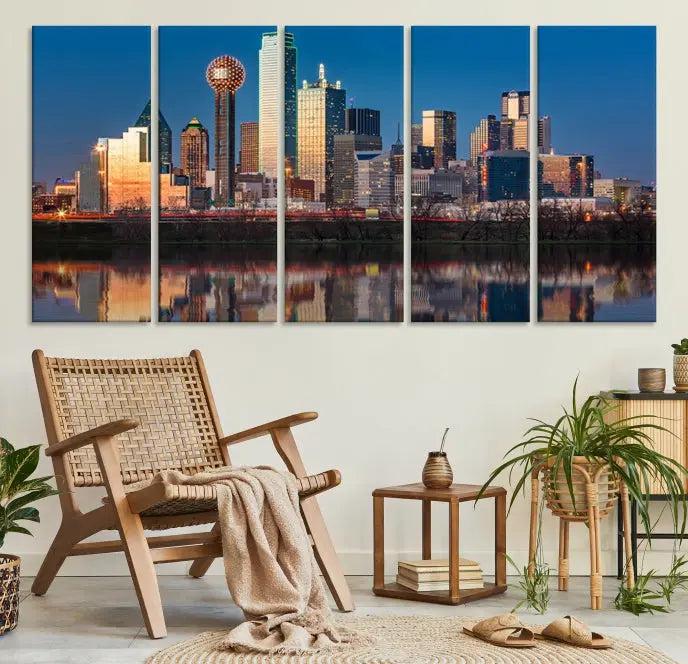 The "Dallas City Lights Sunrise Skyline Cityscape View" wall art canvas print takes center stage, expertly crafted by professional craftsmen and enhanced with a UV-protective coating to ensure lasting vibrance.