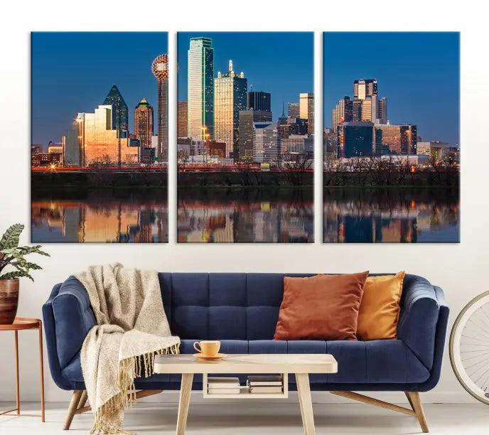 The "Dallas City Lights Sunrise Skyline Cityscape View" wall art canvas print takes center stage, expertly crafted by professional craftsmen and enhanced with a UV-protective coating to ensure lasting vibrance.