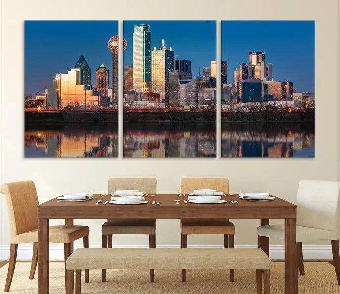 The "Dallas City Lights Sunrise Skyline Cityscape View" wall art canvas print takes center stage, expertly crafted by professional craftsmen and enhanced with a UV-protective coating to ensure lasting vibrance.