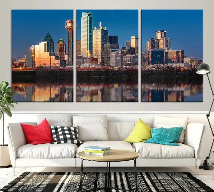 The "Dallas City Lights Sunrise Skyline Cityscape View" wall art canvas print takes center stage, expertly crafted by professional craftsmen and enhanced with a UV-protective coating to ensure lasting vibrance.