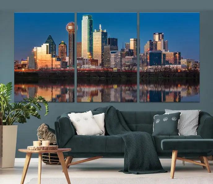 The "Dallas City Lights Sunrise Skyline Cityscape View" wall art canvas print takes center stage, expertly crafted by professional craftsmen and enhanced with a UV-protective coating to ensure lasting vibrance.