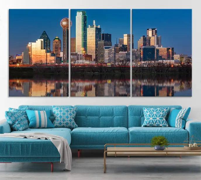 The "Dallas City Lights Sunrise Skyline Cityscape View" wall art canvas print takes center stage, expertly crafted by professional craftsmen and enhanced with a UV-protective coating to ensure lasting vibrance.