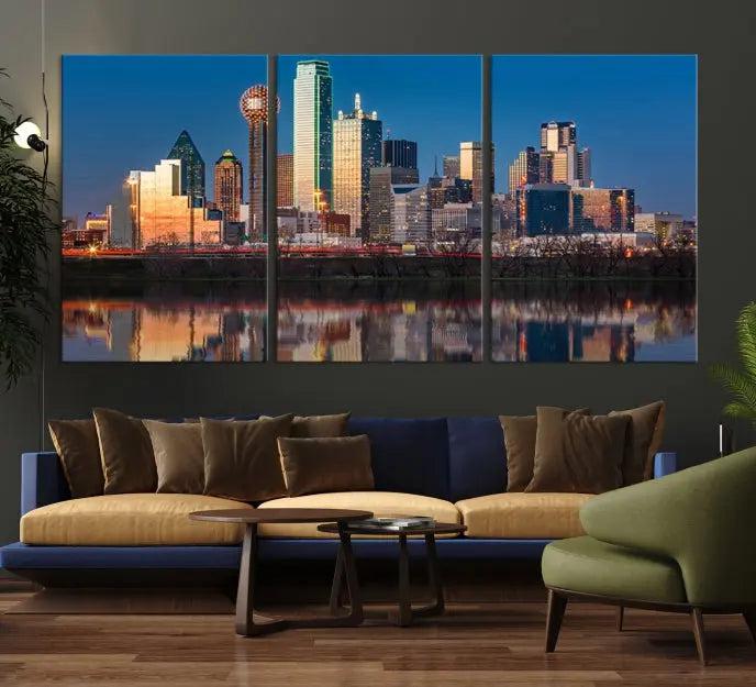 The "Dallas City Lights Sunrise Skyline Cityscape View" wall art canvas print takes center stage, expertly crafted by professional craftsmen and enhanced with a UV-protective coating to ensure lasting vibrance.