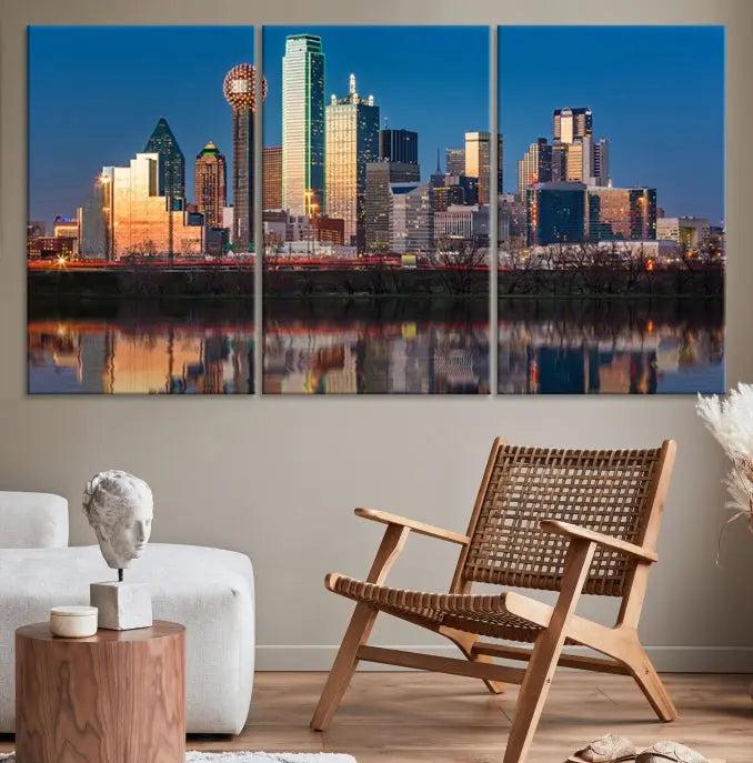 The "Dallas City Lights Sunrise Skyline Cityscape View" wall art canvas print takes center stage, expertly crafted by professional craftsmen and enhanced with a UV-protective coating to ensure lasting vibrance.