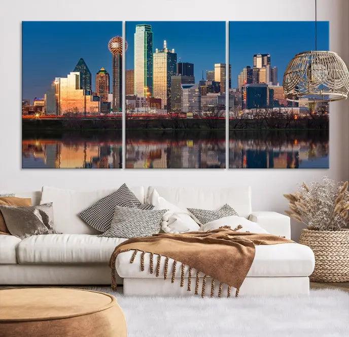 The "Dallas City Lights Sunrise Skyline Cityscape View" wall art canvas print takes center stage, expertly crafted by professional craftsmen and enhanced with a UV-protective coating to ensure lasting vibrance.