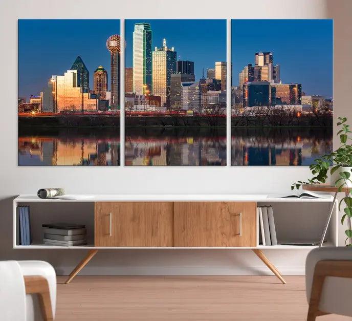 The "Dallas City Lights Sunrise Skyline Cityscape View" wall art canvas print takes center stage, expertly crafted by professional craftsmen and enhanced with a UV-protective coating to ensure lasting vibrance.