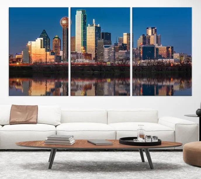 The "Dallas City Lights Sunrise Skyline Cityscape View" wall art canvas print takes center stage, expertly crafted by professional craftsmen and enhanced with a UV-protective coating to ensure lasting vibrance.