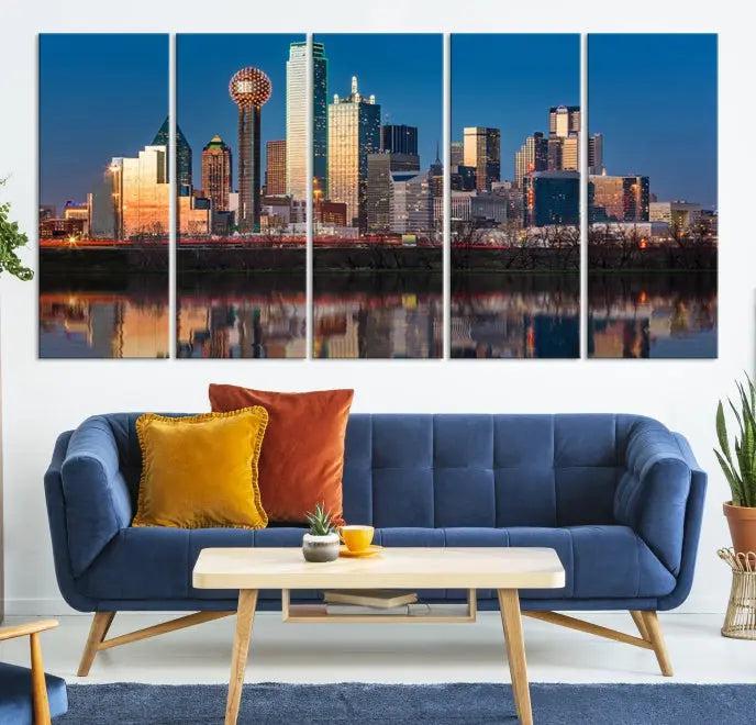 The "Dallas City Lights Sunrise Skyline Cityscape View" wall art canvas print takes center stage, expertly crafted by professional craftsmen and enhanced with a UV-protective coating to ensure lasting vibrance.