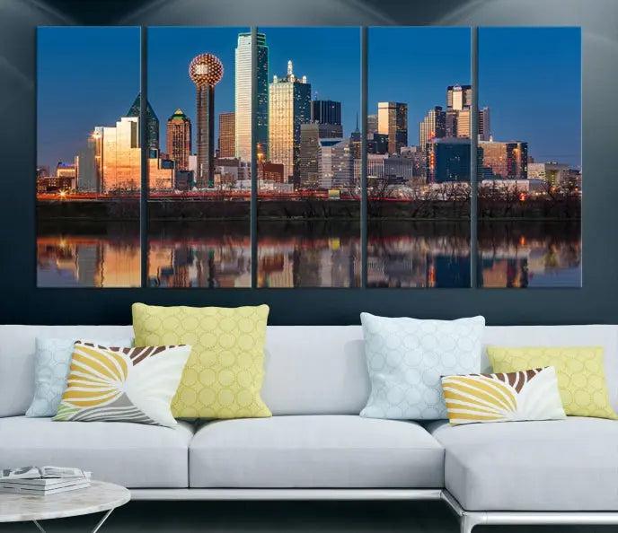 The "Dallas City Lights Sunrise Skyline Cityscape View" wall art canvas print takes center stage, expertly crafted by professional craftsmen and enhanced with a UV-protective coating to ensure lasting vibrance.