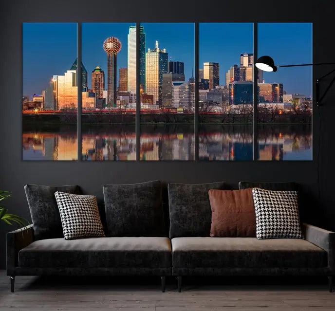 The "Dallas City Lights Sunrise Skyline Cityscape View" wall art canvas print takes center stage, expertly crafted by professional craftsmen and enhanced with a UV-protective coating to ensure lasting vibrance.