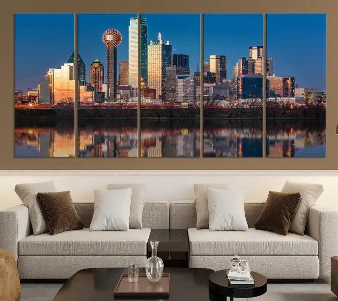 The "Dallas City Lights Sunrise Skyline Cityscape View" wall art canvas print takes center stage, expertly crafted by professional craftsmen and enhanced with a UV-protective coating to ensure lasting vibrance.