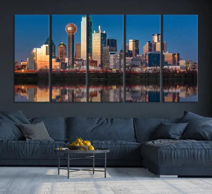 The "Dallas City Lights Sunrise Skyline Cityscape View" wall art canvas print takes center stage, expertly crafted by professional craftsmen and enhanced with a UV-protective coating to ensure lasting vibrance.