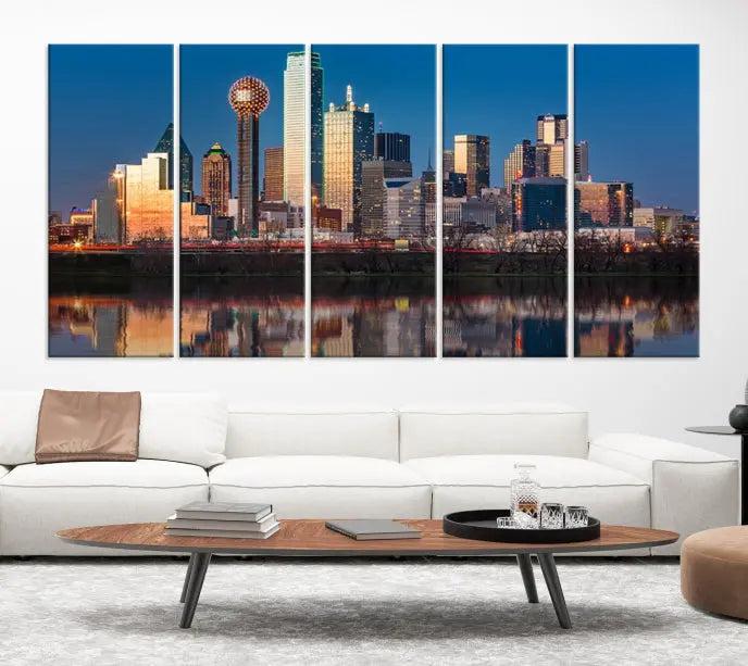 The "Dallas City Lights Sunrise Skyline Cityscape View" wall art canvas print takes center stage, expertly crafted by professional craftsmen and enhanced with a UV-protective coating to ensure lasting vibrance.