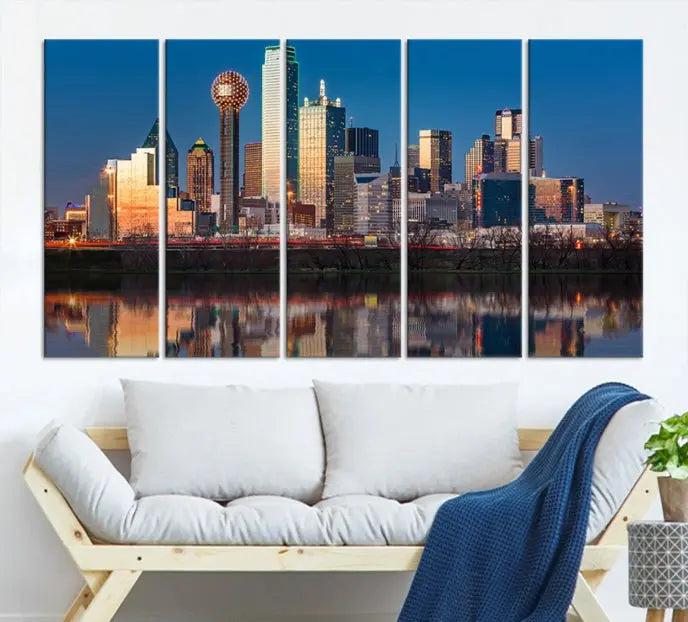 The "Dallas City Lights Sunrise Skyline Cityscape View" wall art canvas print takes center stage, expertly crafted by professional craftsmen and enhanced with a UV-protective coating to ensure lasting vibrance.