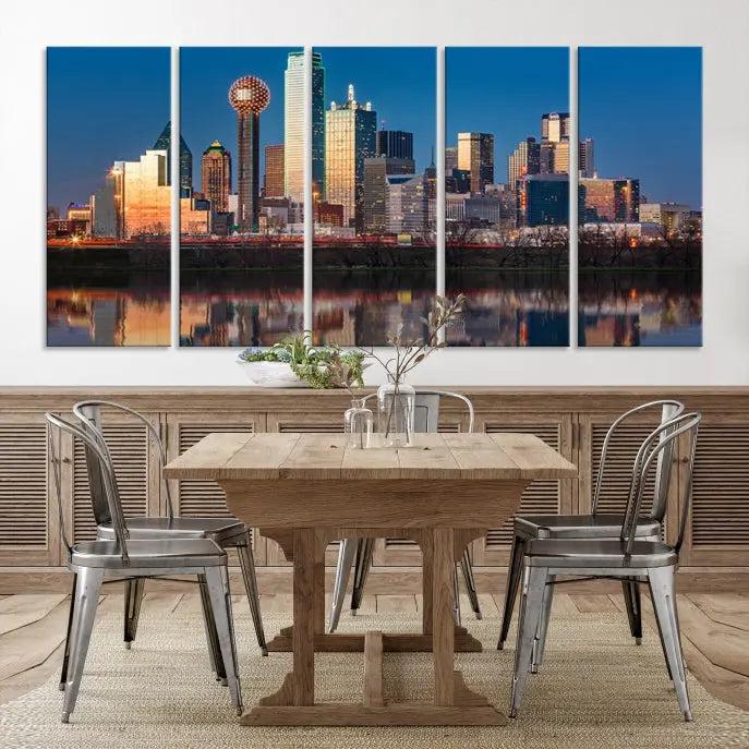 The "Dallas City Lights Sunrise Skyline Cityscape View" wall art canvas print takes center stage, expertly crafted by professional craftsmen and enhanced with a UV-protective coating to ensure lasting vibrance.