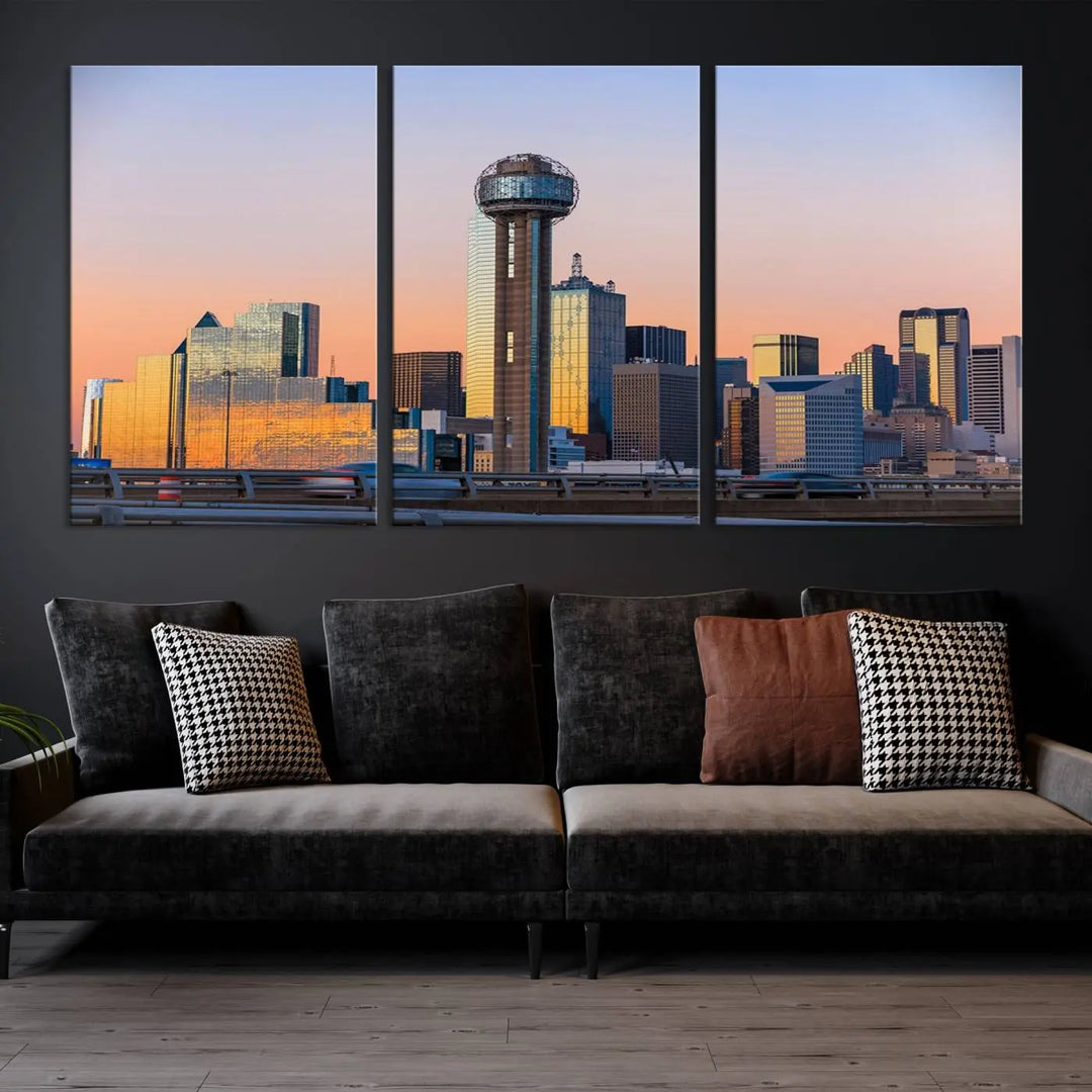 The "Dallas City Lights Sunrise Skyline Cityscape View" wall art canvas print, composed of three panels and crafted on museum-quality canvas with a UV-protective coating, elegantly hangs in a modern living room.