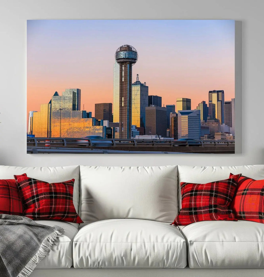 The "Dallas City Lights Sunrise Skyline Cityscape View" wall art canvas print, composed of three panels and crafted on museum-quality canvas with a UV-protective coating, elegantly hangs in a modern living room.