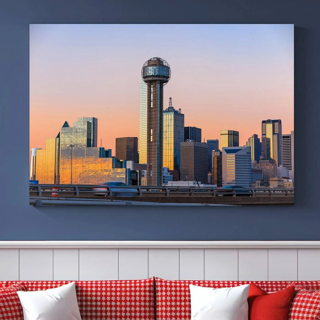 The "Dallas City Lights Sunrise Skyline Cityscape View" wall art canvas print, composed of three panels and crafted on museum-quality canvas with a UV-protective coating, elegantly hangs in a modern living room.