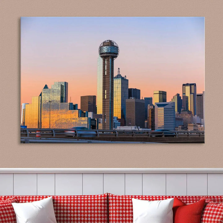 The "Dallas City Lights Sunrise Skyline Cityscape View" wall art canvas print, composed of three panels and crafted on museum-quality canvas with a UV-protective coating, elegantly hangs in a modern living room.