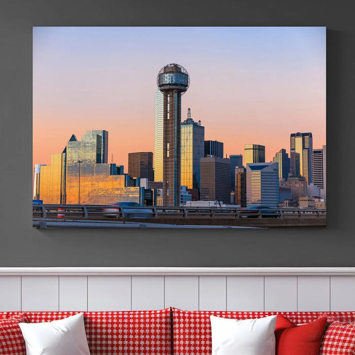 The "Dallas City Lights Sunrise Skyline Cityscape View" wall art canvas print, composed of three panels and crafted on museum-quality canvas with a UV-protective coating, elegantly hangs in a modern living room.