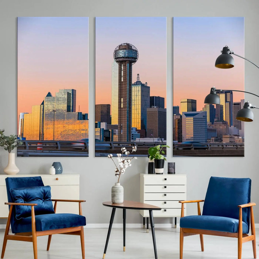 The "Dallas City Lights Sunrise Skyline Cityscape View" wall art canvas print, composed of three panels and crafted on museum-quality canvas with a UV-protective coating, elegantly hangs in a modern living room.