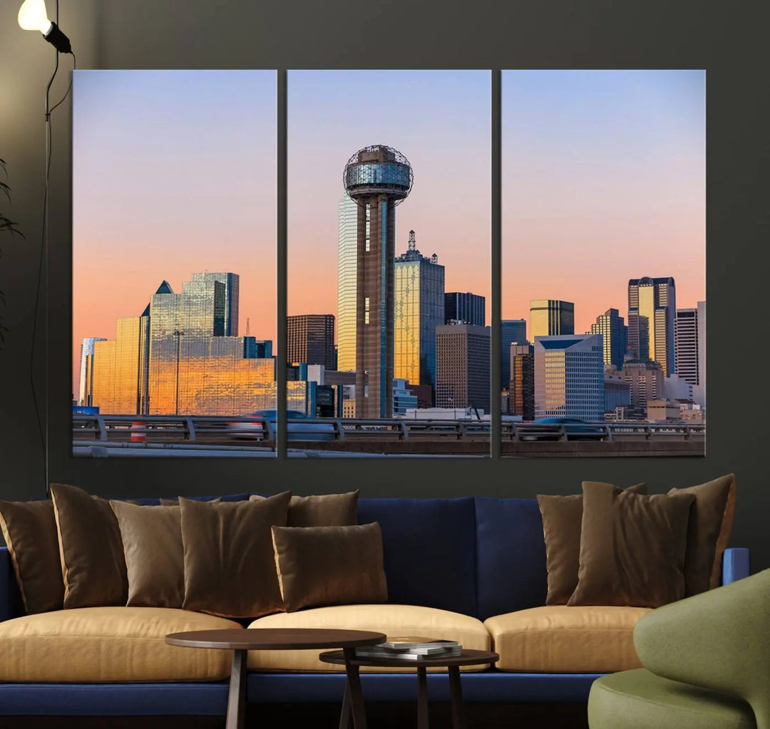 The "Dallas City Lights Sunrise Skyline Cityscape View" wall art canvas print, composed of three panels and crafted on museum-quality canvas with a UV-protective coating, elegantly hangs in a modern living room.