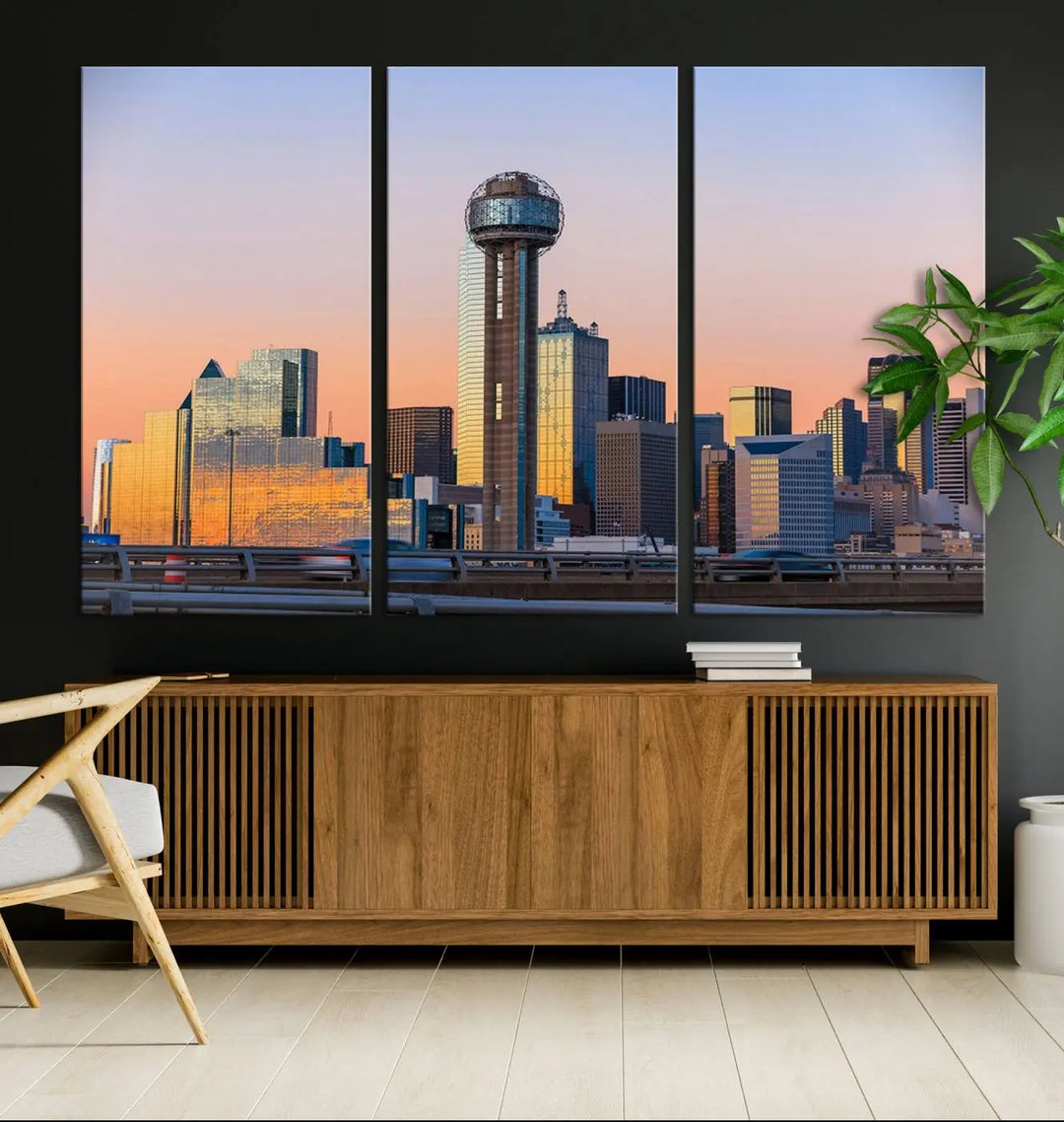 The "Dallas City Lights Sunrise Skyline Cityscape View" wall art canvas print, composed of three panels and crafted on museum-quality canvas with a UV-protective coating, elegantly hangs in a modern living room.