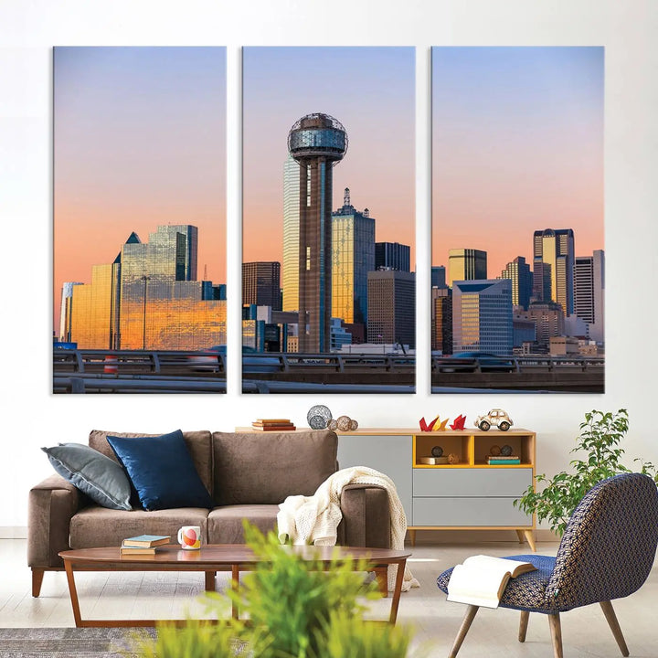 The "Dallas City Lights Sunrise Skyline Cityscape View" wall art canvas print, composed of three panels and crafted on museum-quality canvas with a UV-protective coating, elegantly hangs in a modern living room.