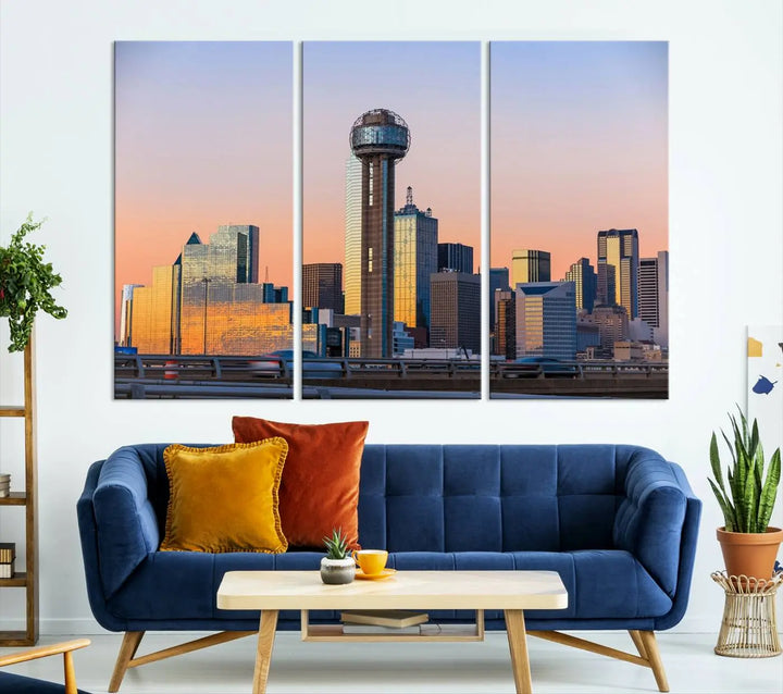 The "Dallas City Lights Sunrise Skyline Cityscape View" wall art canvas print, composed of three panels and crafted on museum-quality canvas with a UV-protective coating, elegantly hangs in a modern living room.