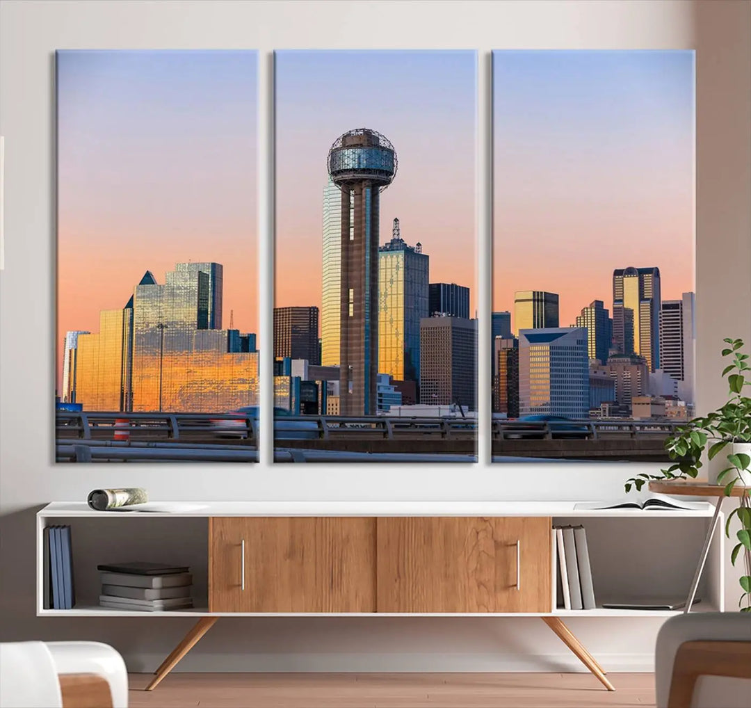 The "Dallas City Lights Sunrise Skyline Cityscape View" wall art canvas print, composed of three panels and crafted on museum-quality canvas with a UV-protective coating, elegantly hangs in a modern living room.