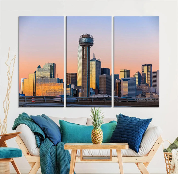 The "Dallas City Lights Sunrise Skyline Cityscape View" wall art canvas print, composed of three panels and crafted on museum-quality canvas with a UV-protective coating, elegantly hangs in a modern living room.