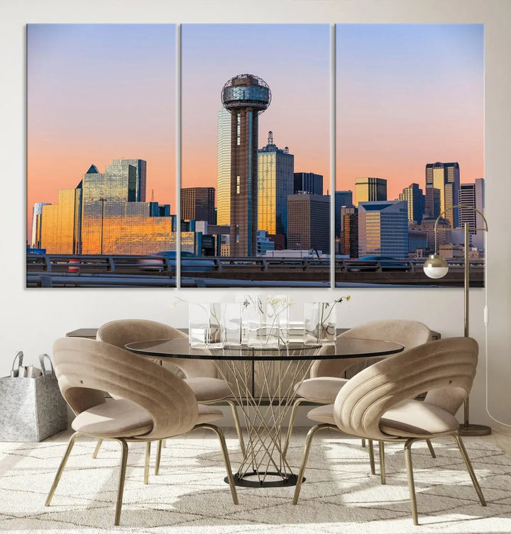 The "Dallas City Lights Sunrise Skyline Cityscape View" wall art canvas print, composed of three panels and crafted on museum-quality canvas with a UV-protective coating, elegantly hangs in a modern living room.