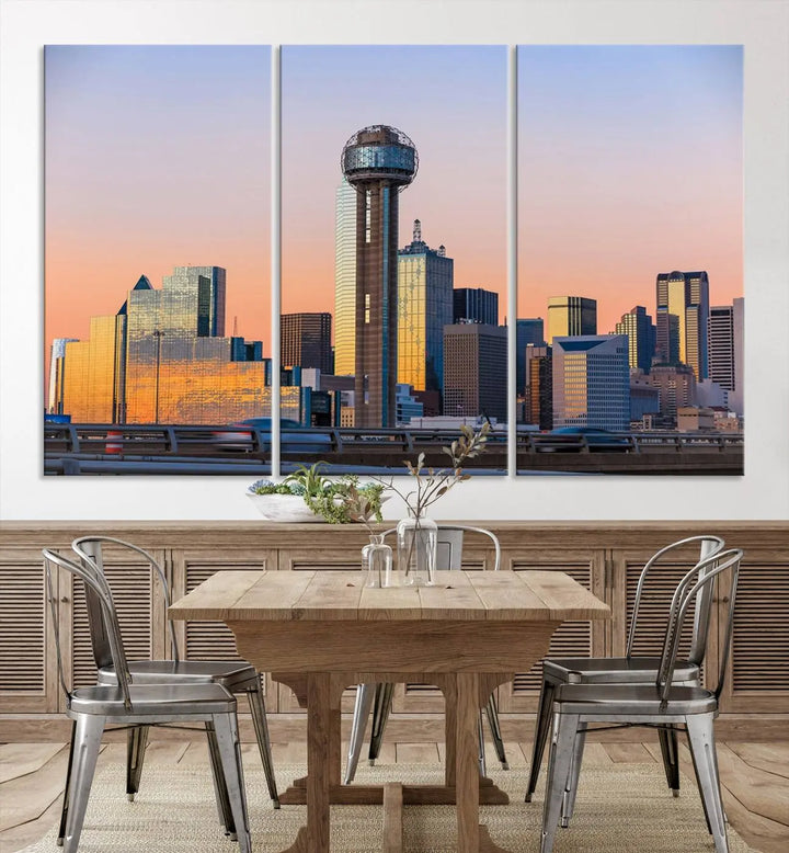 The "Dallas City Lights Sunrise Skyline Cityscape View" wall art canvas print, composed of three panels and crafted on museum-quality canvas with a UV-protective coating, elegantly hangs in a modern living room.