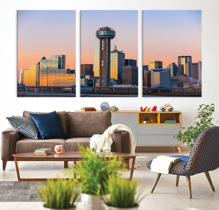 The "Dallas City Lights Sunrise Skyline Cityscape View" wall art canvas print, composed of three panels and crafted on museum-quality canvas with a UV-protective coating, elegantly hangs in a modern living room.