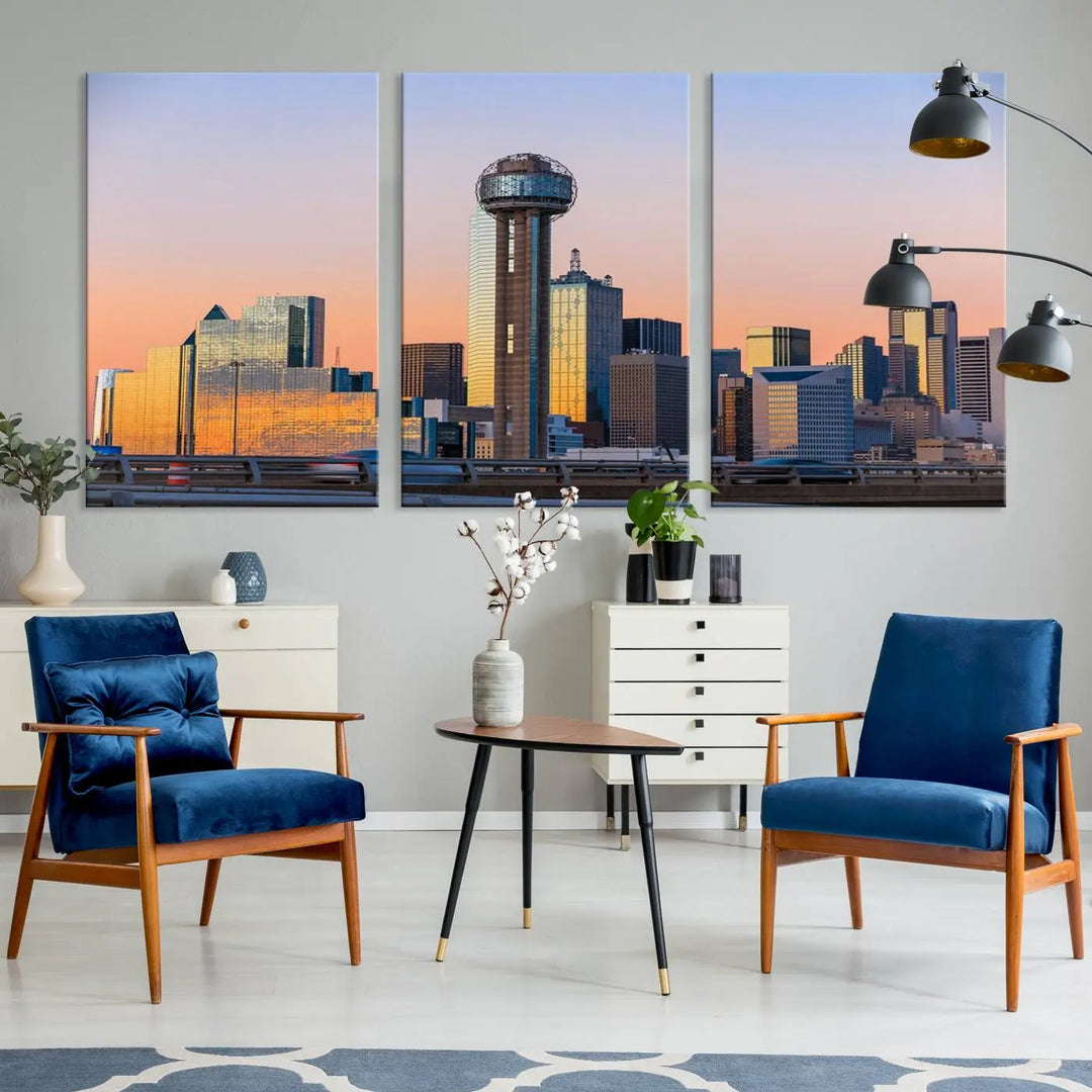 The "Dallas City Lights Sunrise Skyline Cityscape View" wall art canvas print, composed of three panels and crafted on museum-quality canvas with a UV-protective coating, elegantly hangs in a modern living room.