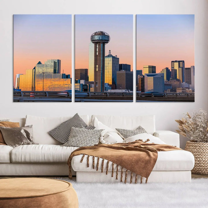 The "Dallas City Lights Sunrise Skyline Cityscape View" wall art canvas print, composed of three panels and crafted on museum-quality canvas with a UV-protective coating, elegantly hangs in a modern living room.