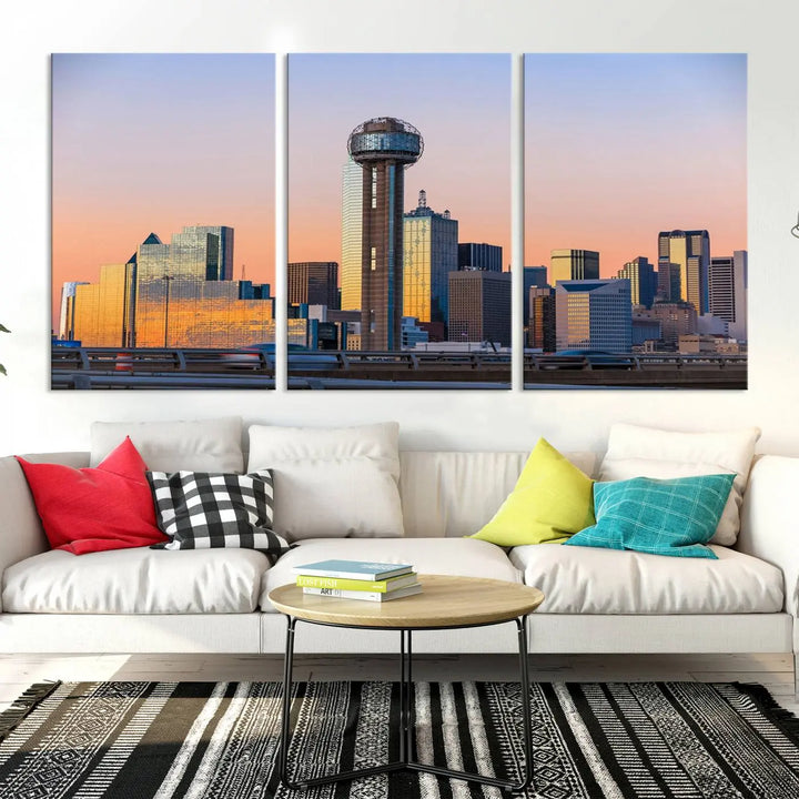 The "Dallas City Lights Sunrise Skyline Cityscape View" wall art canvas print, composed of three panels and crafted on museum-quality canvas with a UV-protective coating, elegantly hangs in a modern living room.