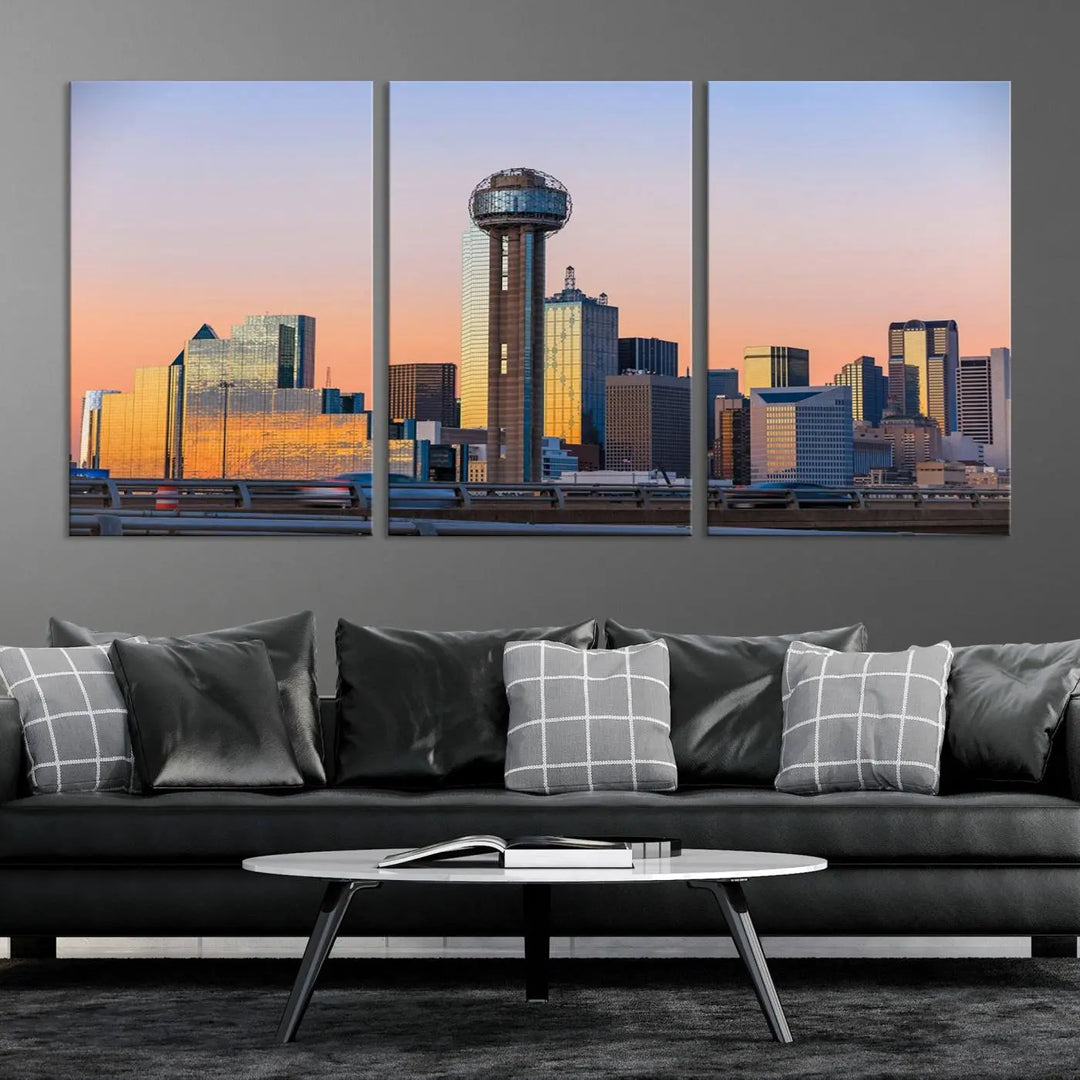 The "Dallas City Lights Sunrise Skyline Cityscape View" wall art canvas print, composed of three panels and crafted on museum-quality canvas with a UV-protective coating, elegantly hangs in a modern living room.