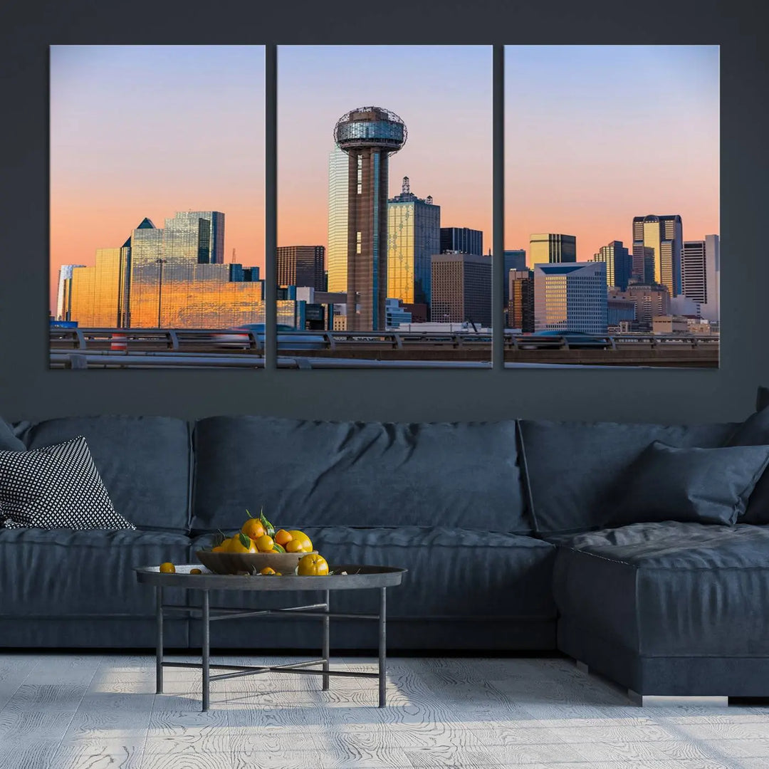 The "Dallas City Lights Sunrise Skyline Cityscape View" wall art canvas print, composed of three panels and crafted on museum-quality canvas with a UV-protective coating, elegantly hangs in a modern living room.