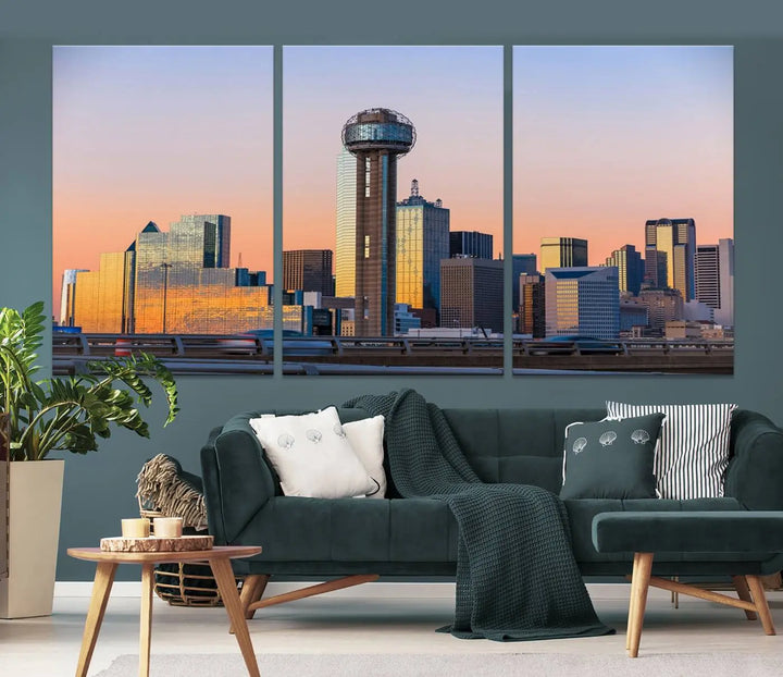 The "Dallas City Lights Sunrise Skyline Cityscape View" wall art canvas print, composed of three panels and crafted on museum-quality canvas with a UV-protective coating, elegantly hangs in a modern living room.