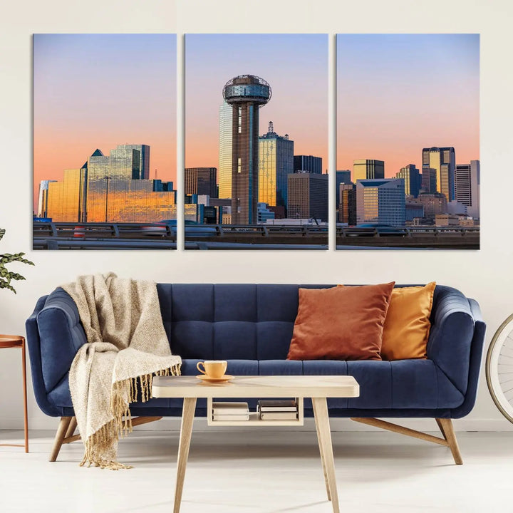 The "Dallas City Lights Sunrise Skyline Cityscape View" wall art canvas print, composed of three panels and crafted on museum-quality canvas with a UV-protective coating, elegantly hangs in a modern living room.