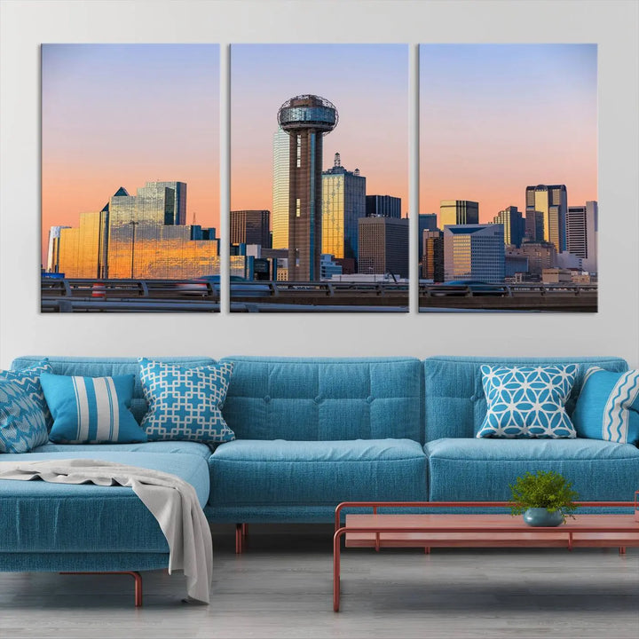 The "Dallas City Lights Sunrise Skyline Cityscape View" wall art canvas print, composed of three panels and crafted on museum-quality canvas with a UV-protective coating, elegantly hangs in a modern living room.