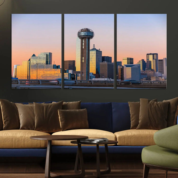 The "Dallas City Lights Sunrise Skyline Cityscape View" wall art canvas print, composed of three panels and crafted on museum-quality canvas with a UV-protective coating, elegantly hangs in a modern living room.