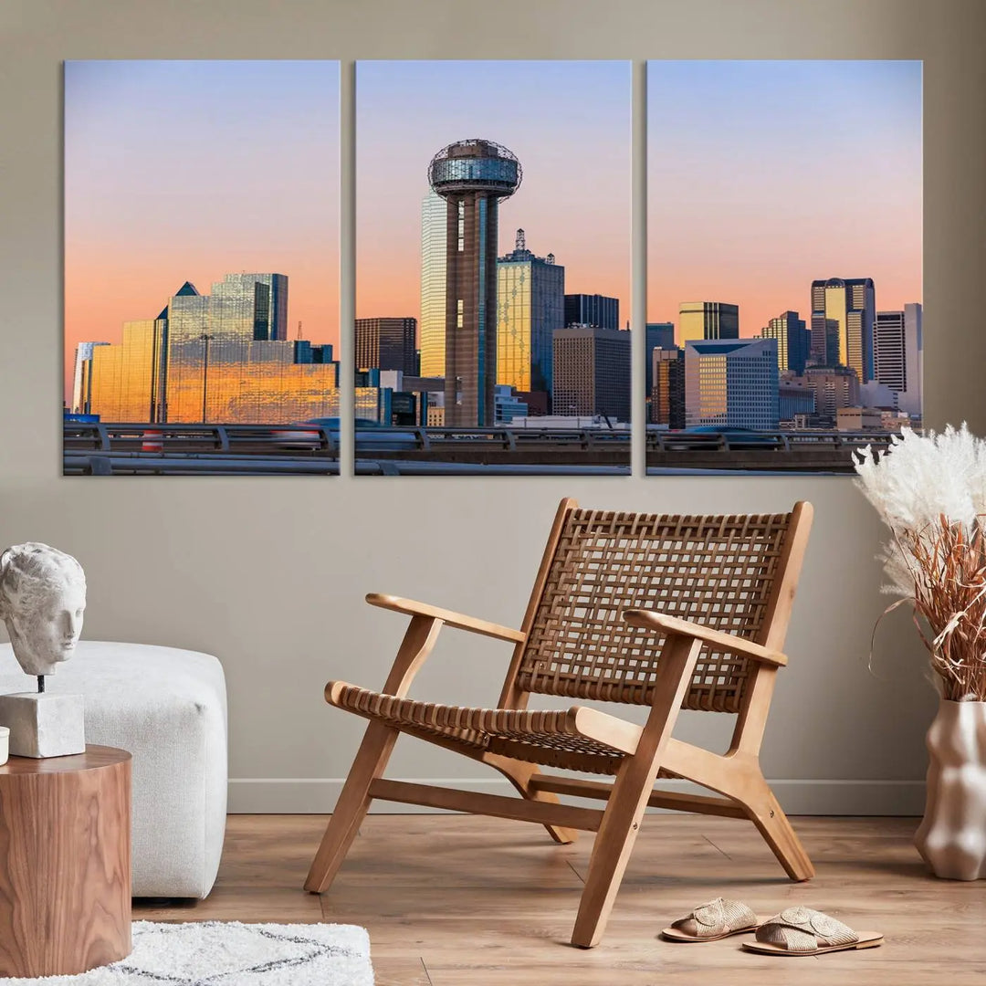 The "Dallas City Lights Sunrise Skyline Cityscape View" wall art canvas print, composed of three panels and crafted on museum-quality canvas with a UV-protective coating, elegantly hangs in a modern living room.