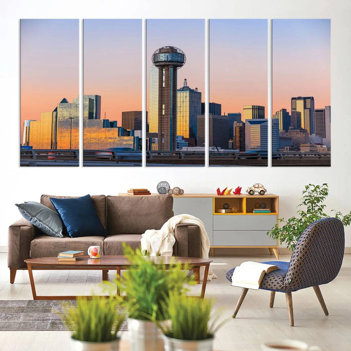 The "Dallas City Lights Sunrise Skyline Cityscape View" wall art canvas print, composed of three panels and crafted on museum-quality canvas with a UV-protective coating, elegantly hangs in a modern living room.