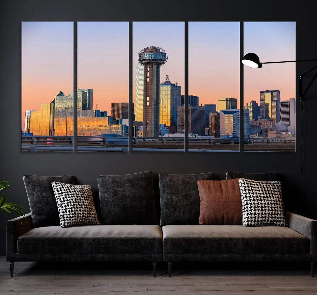 The "Dallas City Lights Sunrise Skyline Cityscape View" wall art canvas print, composed of three panels and crafted on museum-quality canvas with a UV-protective coating, elegantly hangs in a modern living room.