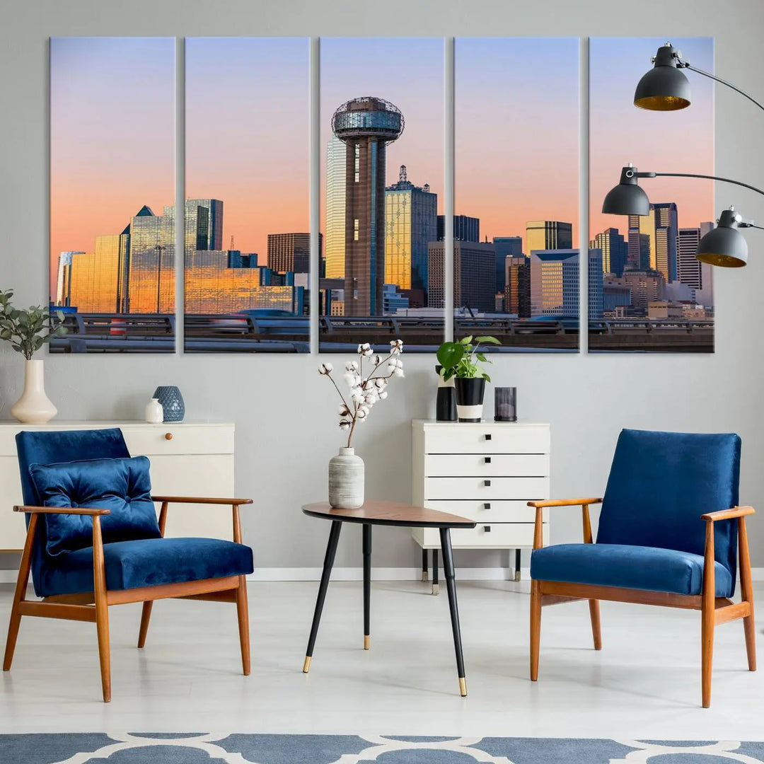 The "Dallas City Lights Sunrise Skyline Cityscape View" wall art canvas print, composed of three panels and crafted on museum-quality canvas with a UV-protective coating, elegantly hangs in a modern living room.